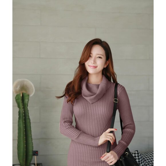 Women’s Berry Cowl Neck Knit Long Sleeve Bodycon Stretchable Slim Fit Sweater - Picture 2 of 5
